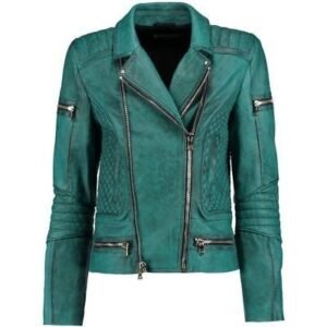 Women’s Slim Fit Diamond Quilted Teal Moto Leather Jacket