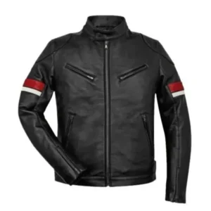 Men's Black Cafe Racer Jacket | White & Red Striped Jakcet