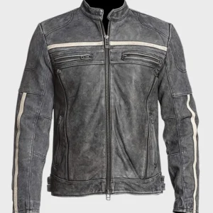 Men’s Gray Distressed Retro Cafe Racer Leather Biker Jacket