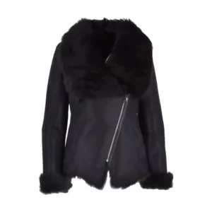 Black Leather Shearling Jacket For Women