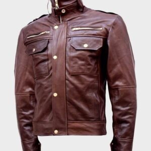 Men's Chocolate Brown Leather Jacket | High Collar Jacket