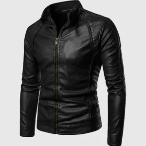 Men's Black High Collar Leather Jacket