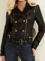 Stylish Women Belted Style Black Biker Leather Jacket