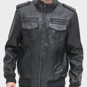 Black Aviator Bomber Leather Jacket