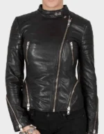 Women's Cafe Racer Black Leather Jacket - Stylish Cross Zipper