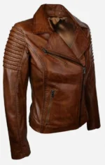 Stylish Brown Leather Biker Jacket For Women