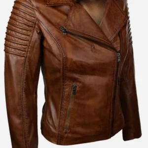 Stylish Brown Leather Biker Jacket For Women
