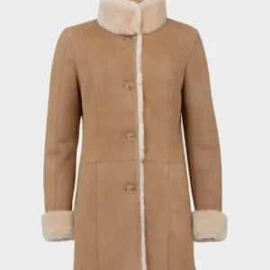 Brown Funnel-Neck Shearling Coat for women
