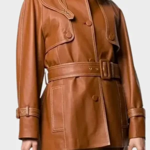Women’s Buttoned Mid-Length Brown Belted Leather Coat