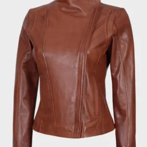 Arezzo Cognac Womens Brown Cafe Racer Leather Jacket