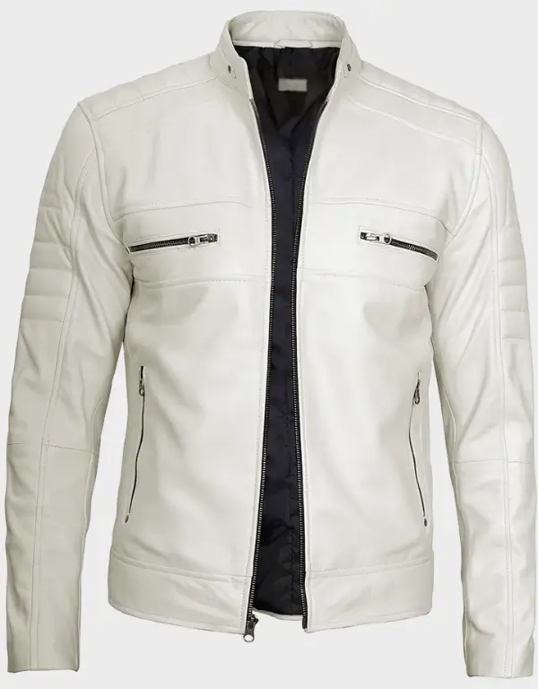 Austin Men Cafe Racer Off White Real Leather Jacket