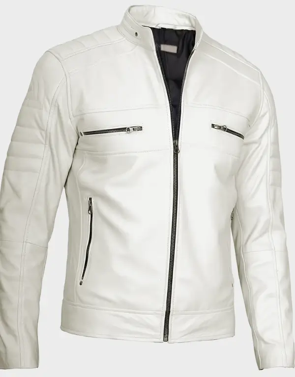 Austin Men Cafe Racer Off White Real Leather Jacket