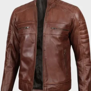 Cognac Distressed Brown Cafe Racer Leather Jacket