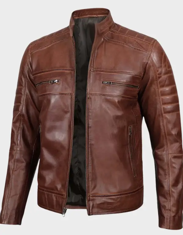 Cognac Distressed Brown Cafe Racer Leather Jacket