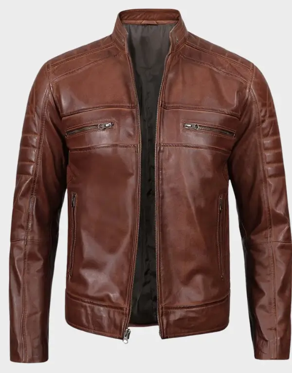Cognac Distressed Brown Cafe Racer Leather Jacket