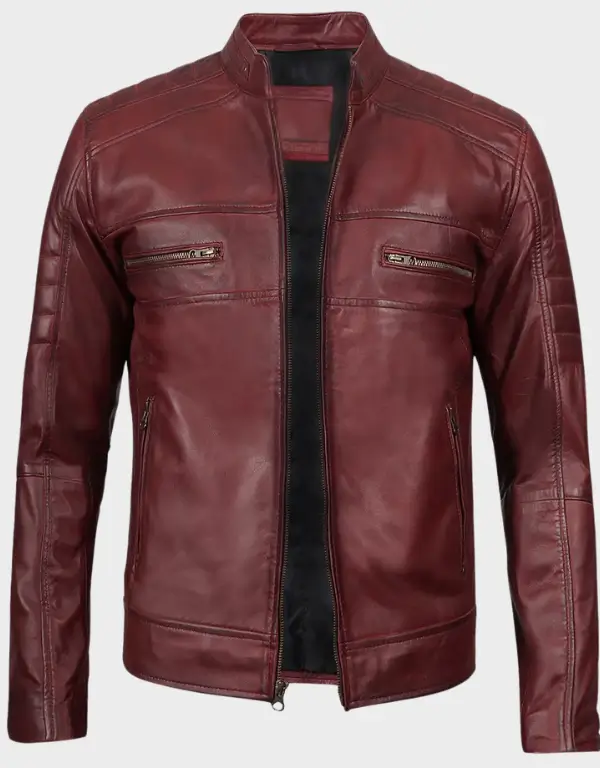 Men's Burgundy Cafe Racer Leather Jacket