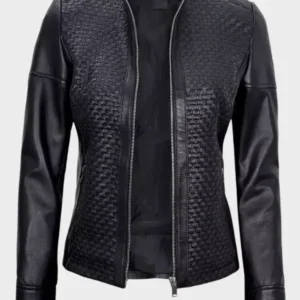 Womens Black Textured Cafe Racer Leather Jacket
