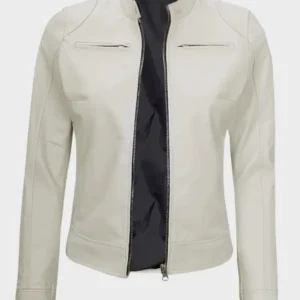Off White Leather Cafe Racer Jacket for Women