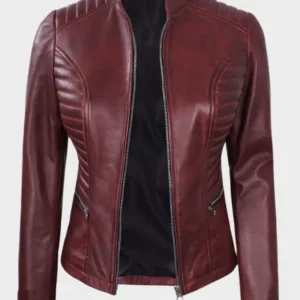 Women's Burgundy Cafe Racer Leather Jacket