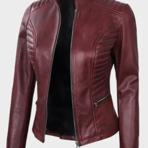 Women's Burgundy Cafe Racer Leather Jacket