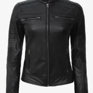 Women's Padded Shoulder Black Cafe Racer Leather Jacket