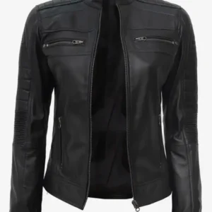 Women's Padded Shoulder Black Cafe Racer Leather Jacket