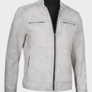 Men's Off-White & Gray Waxed Café Racer Leather Jacket