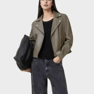 dusty olive green Dalby Slim Fit Leather Biker Jacket