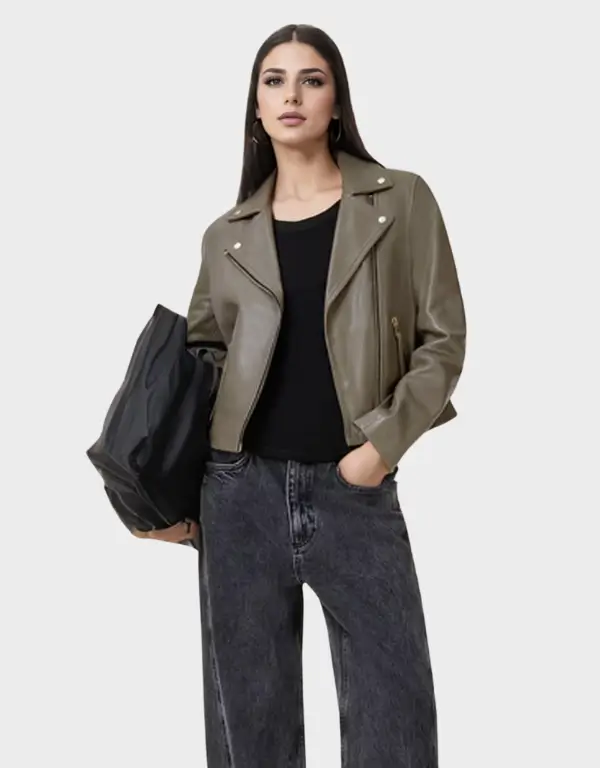 dusty olive green Dalby Slim Fit Leather Biker Jacket