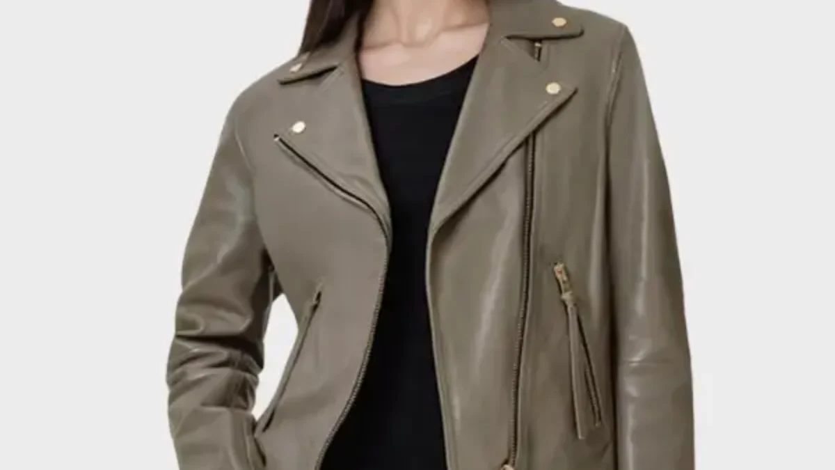 Dalby Slim Fit Leather Biker Jacket - Dusty Olive Green