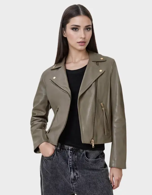 dusty olive green Dalby Slim Fit Leather Biker Jacket