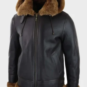 Men’s Brown Leather Shearling Aviator Jacket with Hood | Classic Pilot Style
