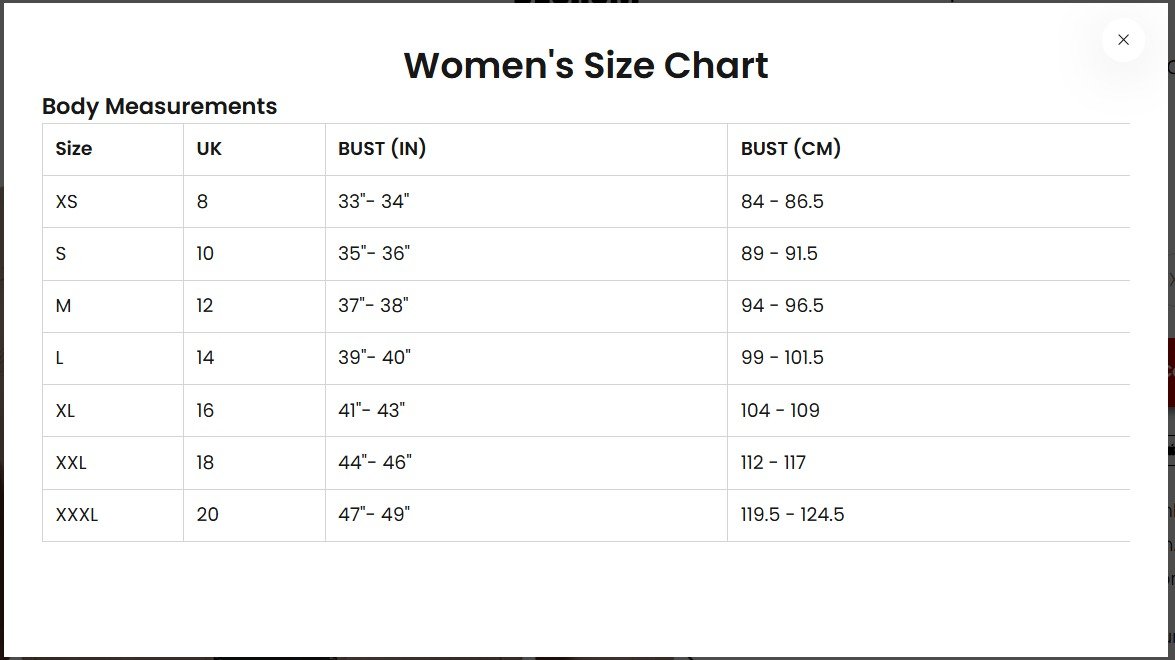 Women's Size Chart | Leather Jackets Store