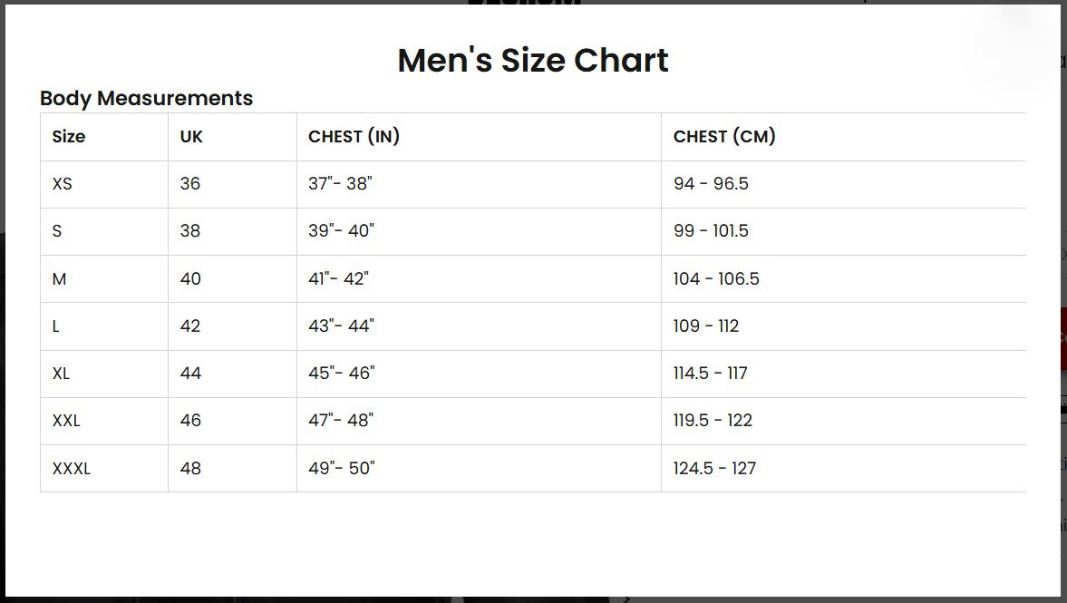 Men's Size Chart | Leather Jackets Store