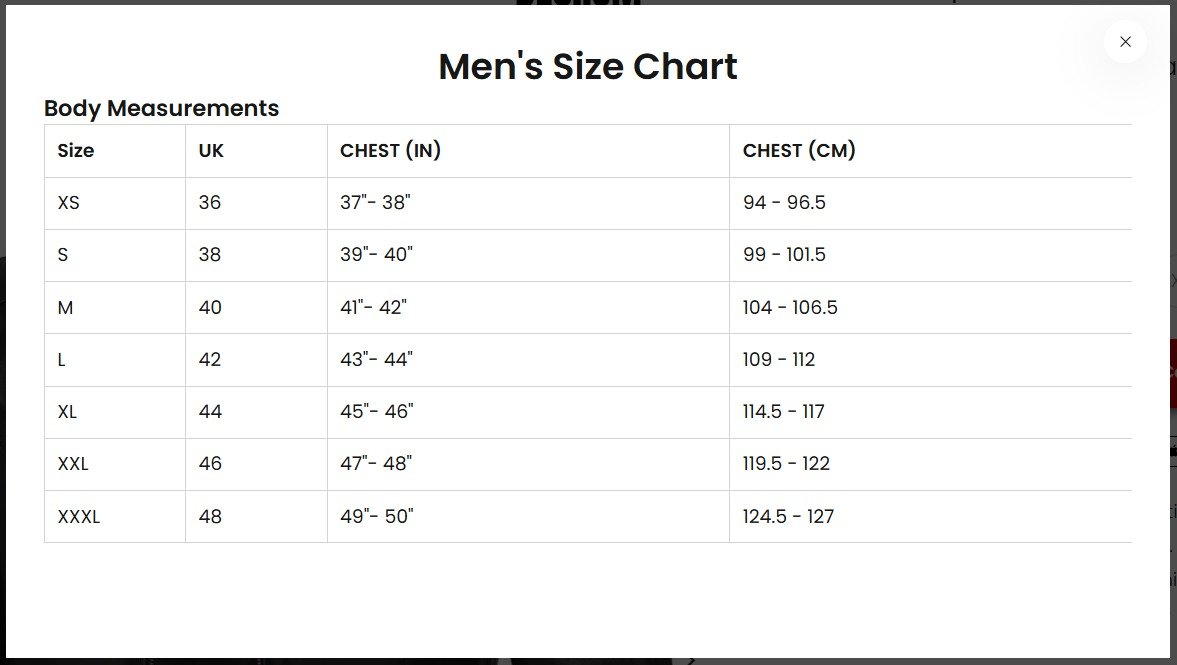 Men's Size Chart | Leather Jackets Store