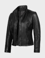 Acerra Women's Black Leather Cafe Racer Motorcycle Jacket | Leather Jackets Store