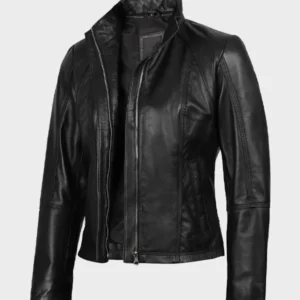 Acerra Women's Black Leather Cafe Racer Motorcycle Jacket | Leather Jackets Store