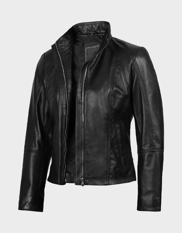 Acerra Women's Black Leather Cafe Racer Motorcycle Jacket | Leather Jackets Store