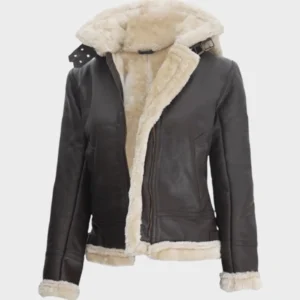 Women’s Dark Brown Shearling Leather Jacket with Hood | Leather Jackets Store