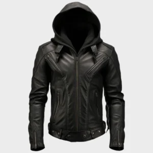 Men's Hooded Black Biker Leather Jacket