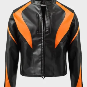 Men's Black Orange Cropped Biker Leather Jacket