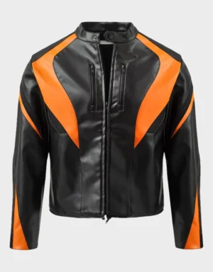 Men's Black Orange Cropped Biker Leather Jacket