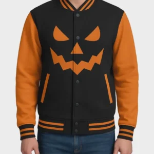 Black Halloween Varsity Jacket | Jack-O'-Lantern Bomber | Leather Jackets Store