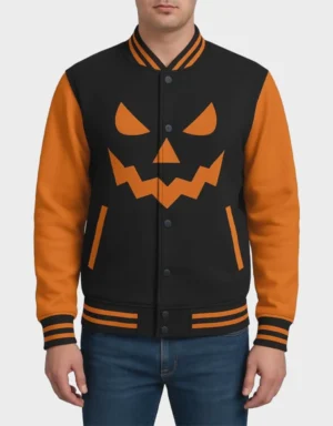Black Halloween Varsity Jacket | Jack-O'-Lantern Bomber | Leather Jackets Store