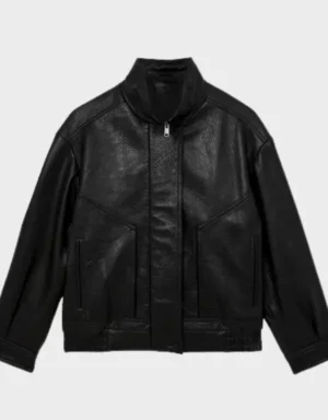 Oversize Grained-Leather Bomber Jacket in Black | Leather jackets store