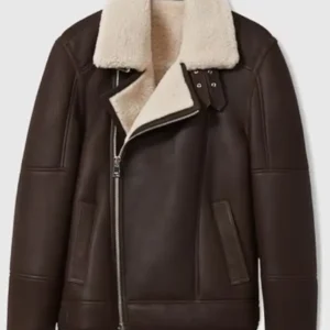 Reiss Shearling Lined Leather Aviator Jacket in Dark Brown