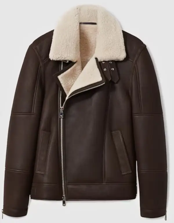 Reiss Shearling Lined Leather Aviator Jacket in Dark Brown