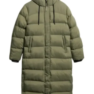 Superdry Rip Stop Longline Puffer Coat in Dusty Olive Green
