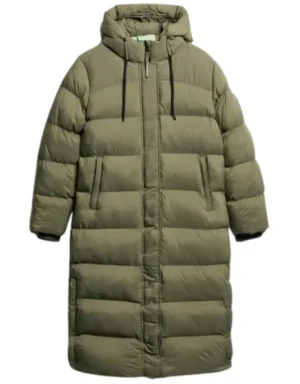 Superdry Rip Stop Longline Puffer Coat in Dusty Olive Green