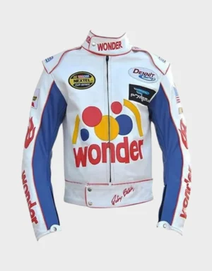 Women’s Racing-Inspired White and Blue Faux Leather Jacket